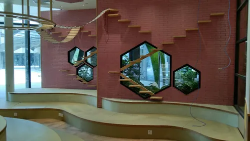 Timber stage with hexagon windows at Mitsui Lalaport
